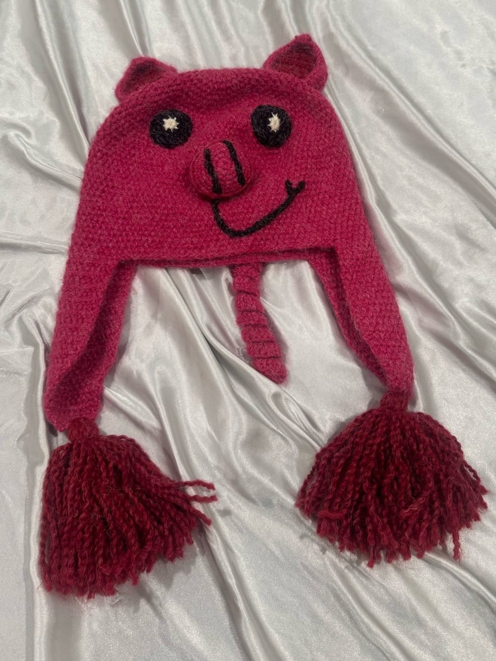 Peruvian Trading Co Pink Pig Hand Crochet Earflap Tassel Hat NWT